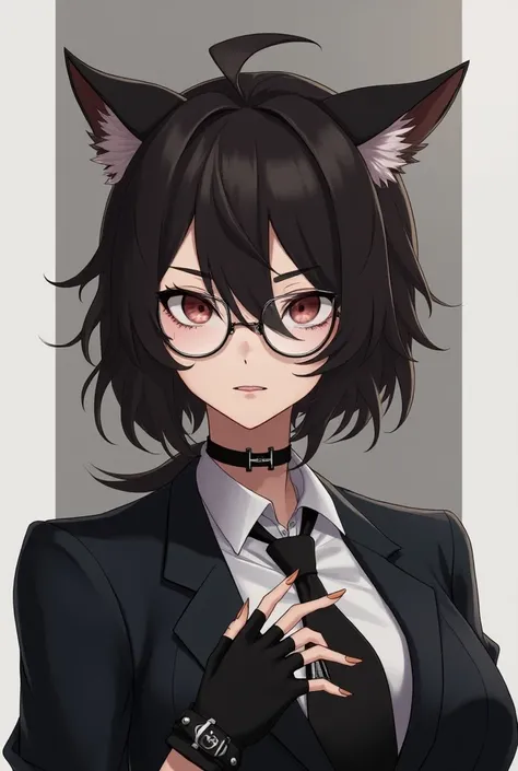 Anime trans girl light skin short dark brown hair with a medium high ponytail a little long bangs on the left side dark brown wolf ears with white she wears round lenses and has a large scar on her right eye she is dressed in formal mens clothing with blac...