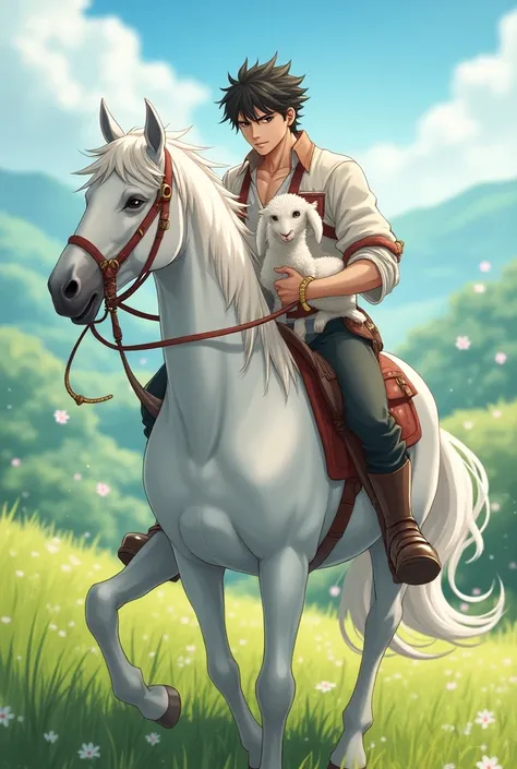 Anime handsome carrying a cute goat riding a white horse