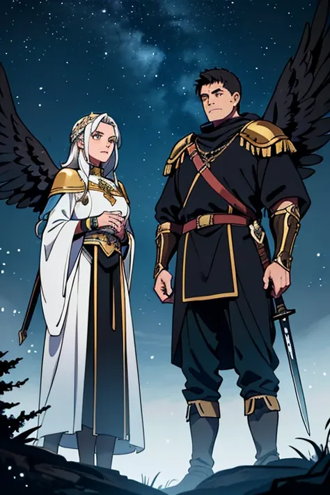 1boy, 1girl, best quality image of the mountainous forest overlooking the twilight, an aged 32 male Roman Empire soldier in black and gold mail armor raises his sword upwards emitting radiant blue glow, and a beautiful aged 30 angel from the heavens with w...