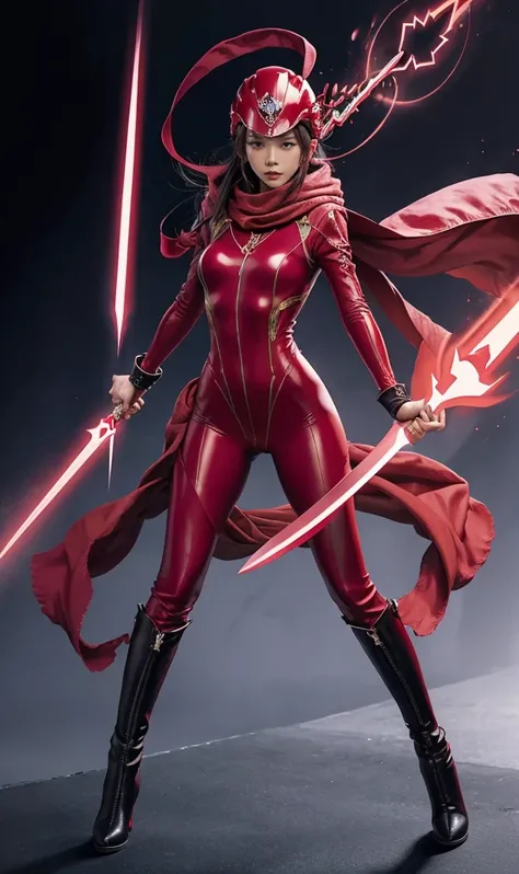 Accurate 、Full Body Photo 、Standing in her full height from head to toe 、Studio background 、 Karina from Aespa、Wearing a super tight ruby coloured zero suit 、Ruby zero boots 、Holding a double dagger with an electric effect、Ruby helmet 、Ruby red scarf.