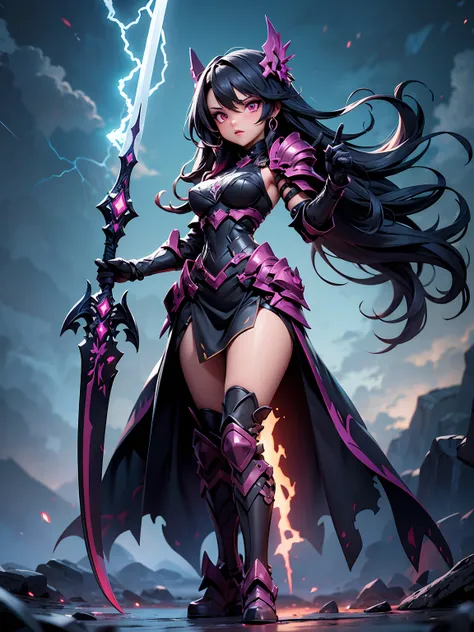 (((masterpiece, best quality, high detailed, 16k))) (1girl) A fierce and enigmatic female warrior with long, flowing black hair streaked with violet, and glowing red eyes filled with malice. Her body is adorned with black and purple armor, etched with anci...