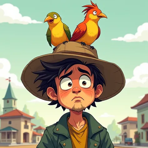 cartoon of a man with a hat and two birds on his head, digital art inspired by Nyuju Stumpy Brown, trending on deviantart, mingei, he is wearing a hat, character with a hat, wears a destroyed hat, this is fine, frowning, discord pfp, she is wearing a hat, ...