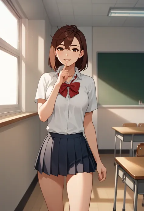 source_animated, catalyst_,  brown hair, brown eyes,  medium breasts, sexy school uniform,  white socks , standing,  looking at ...