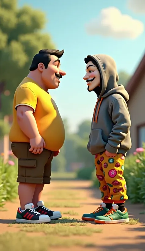 "Create a 3D rendering scene featuring two characters standing face to face in a rural setting. One of the characters is a large, friendly man wearing a yellow t-shirt, brown cargo shorts, and sneakers, while the other character is wearing a mask. Guy Fawk...