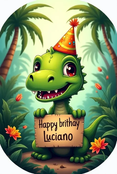 Circular image of a green baby dinosaur in the jungle roaring with a birthday hat and holding a sign with the phrase Happy Brithay Luciano