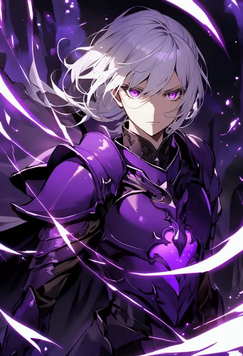 Knight in dark violet armor with white hair and violet eyes 