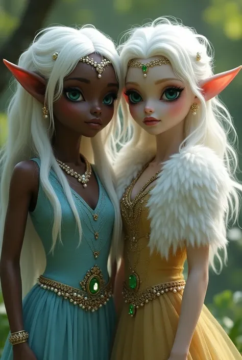 Create two elves of about 20 years old together in a beautiful location, one with black skin , white hair and blue eyes,  with a calm and fluffy appearance  ,  wearing a long blue and white dress ,  using pearl jewelry and a forehead crown .  The other wit...