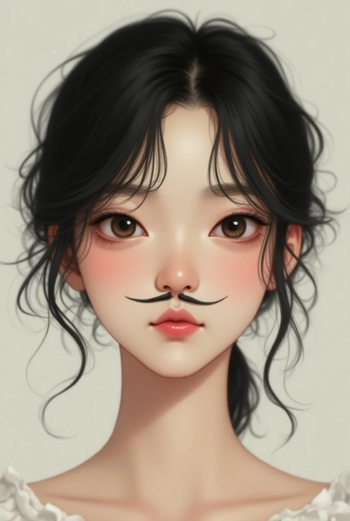  19-year-old girl with facial asymmetry ,   one side saggy and the other normal with Chinese mustache. Wavy hair bangs 
