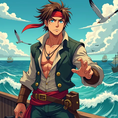 Pirate male anime character. Messy brown hair and light blue eyes.