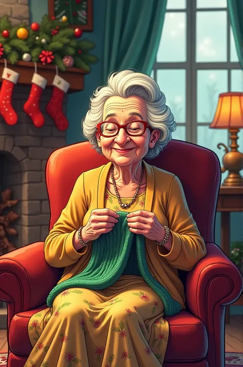 Comic style, Scott pilgrim style, Old woman, grandma, wearing cardigan, floral sundress, knitting sweater, smile, had a good time knitting, sitting in chair, living room, Christmas decorations, stockings