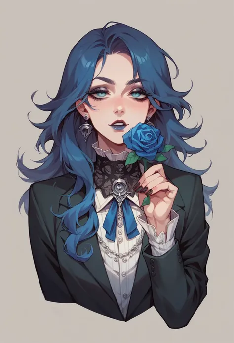 a gothic girl, linda, seductive,  long hair , I wore a, suit, blue rose