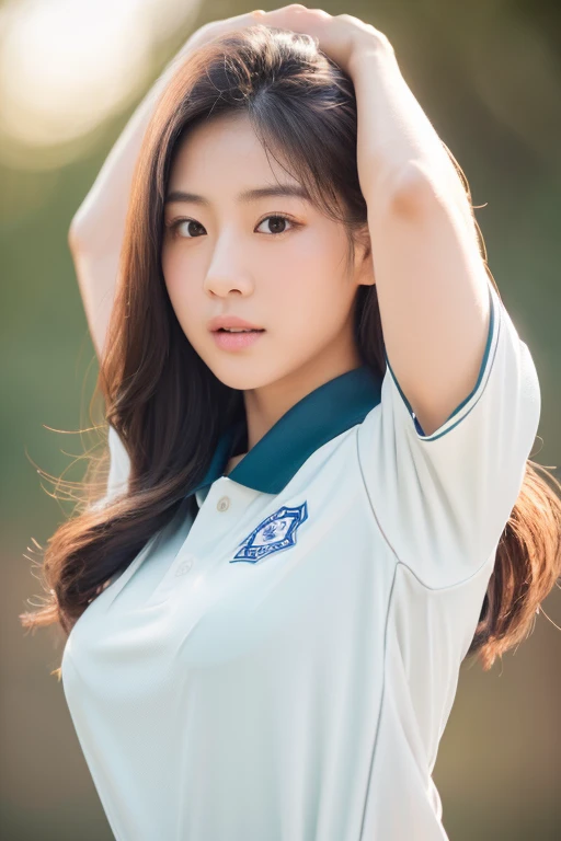 A beautiful young Japanese woman standing with her arms raised above her head, wearing a sports uniform, staring directly at the camera with extremely detailed features, beautiful eyes, soft lips, and long eyelashes, in an elegant pose, under warm, invitin...