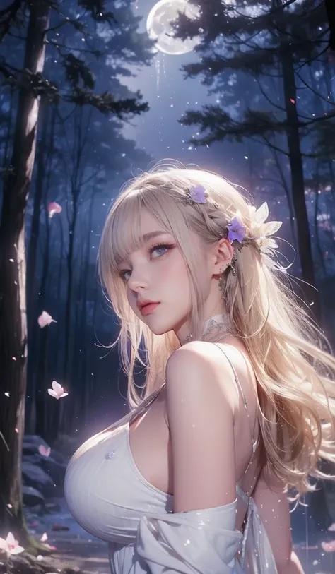 ((Big Breasts,tears,))A fantasy forest, a full moon, a starry sky. A beautiful blonde girl, purple eyes, a white dress. A fairy, falling petals. A sad expression, a dream-like atmosphere.