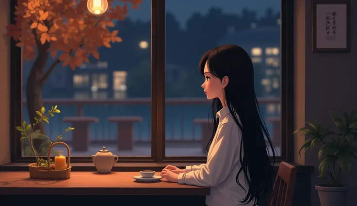  A girl named Thu wears a white shirt..; long black hair, autumn night cafe in front of a glass window ,유리창 앞,table,dim lighting