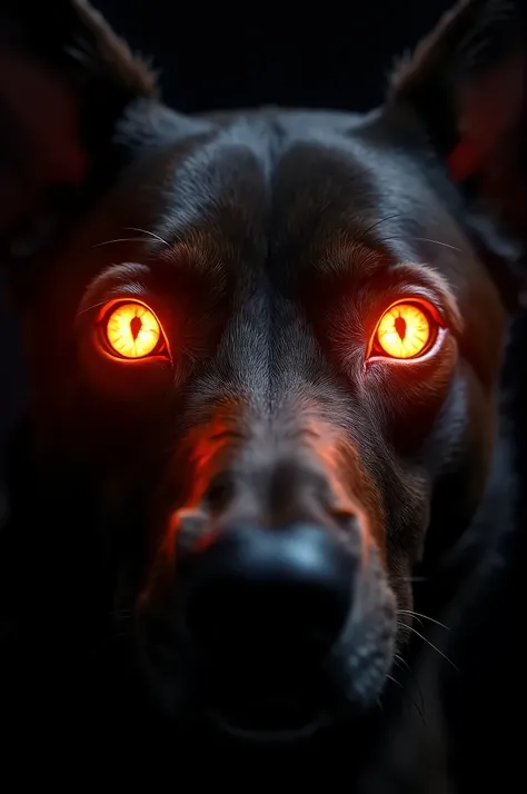 Dog eyes on fire on black background 