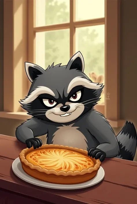 (Cartoon) Raccoon stealing pie next to window sneaky face. Make it creative