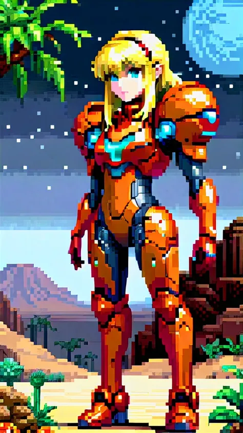 samus aran, metroid, orange armor, desert stage, pixel art, blond