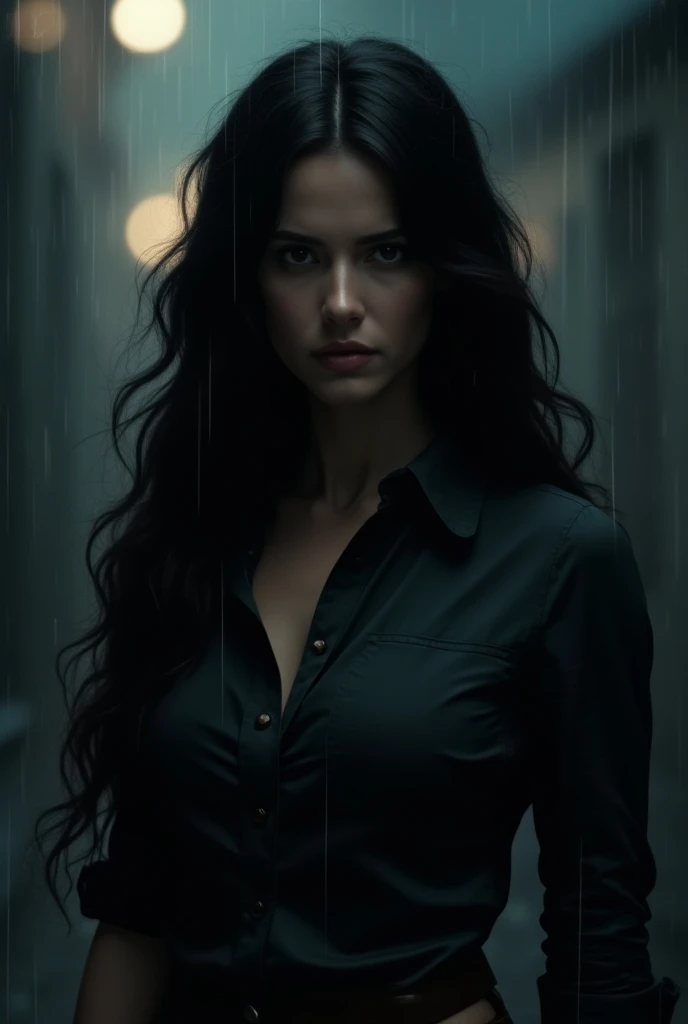 A woman wearing a black shirt with a long wavy black hair and wearing a detective member sign in the rain portrait