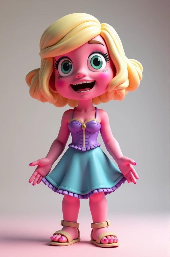  An animated doll like those of intensely, pink skin, blue, orange and green, Let it be the surprise emotion , Women,  with medium-long pink nails , corset morado y falda blue, with beige sandals ,  long pastel yellow hair that is short 