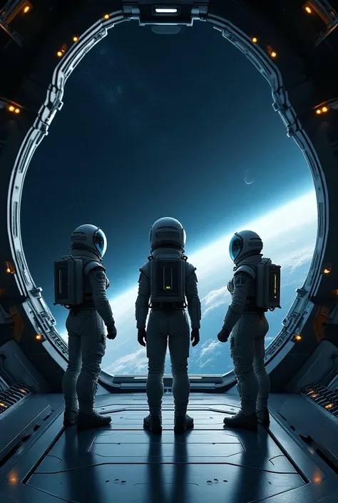  3 astronauts in a spaceship, looking into space 