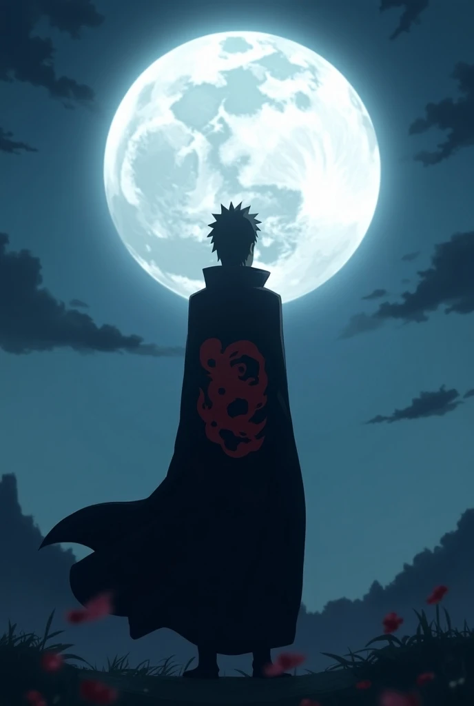  Obito was looking at the scenery in his akasuki suit from the front without wearing a hat. ,  put the right akasuki cloud in place. .  There was a man standing in front of the white-gray moon in the sky and making it a night., Making the moon pattern on h...