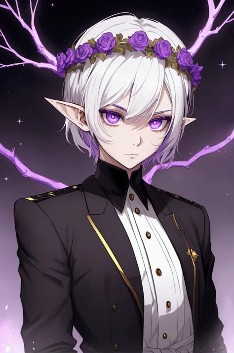 man, Young, Pale and pointy ears , short white hair, four eyes with the color purple .  wears a black Soviet suit and a golden Roman wreath of branches on the head. Four purple eyes 