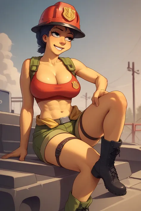 Marge Simpson very beautiful smiling with a super sexy body ((big breasts)) with A female firefighter in a provocative uniform, consisting of a red crop top with reflective details and straps, paired with tight shorts or a short skirt. She wears high comba...