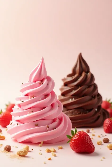 Two ,  ice creams, one with simple strawberry and the other with chocolate, with various side dishes 