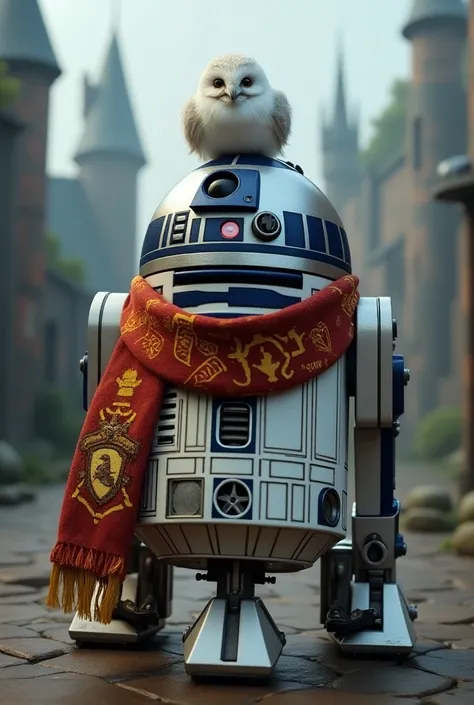 Create an image of a droid R2D2 with a Harry Potter scarf and the owl Edwirge from Harry Potter on top
