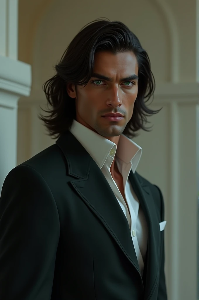 Tall man, with a slender and muscular body .  He has emerald-green eyes ,  long straight hair , Dark skin (black)  serious expression.  Make him look quite attractive and dazzling like a prince.