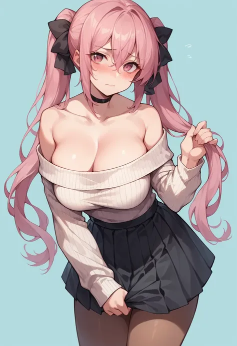 1 girl, solo, staring at viewer, blushing, simple background, extra large breasts, (extra large breasts: 1.6), long sleeves, hair between eyes, closed mouth, exposed shoulders, pigtails, medium breasts, underwear, collarbone, pink hair, hair ribbon, hair b...