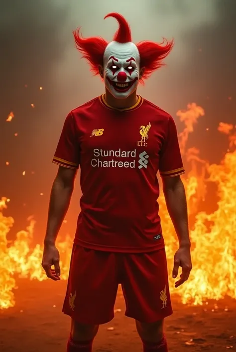 Clown in the Liverpool jersey with the background on fire 