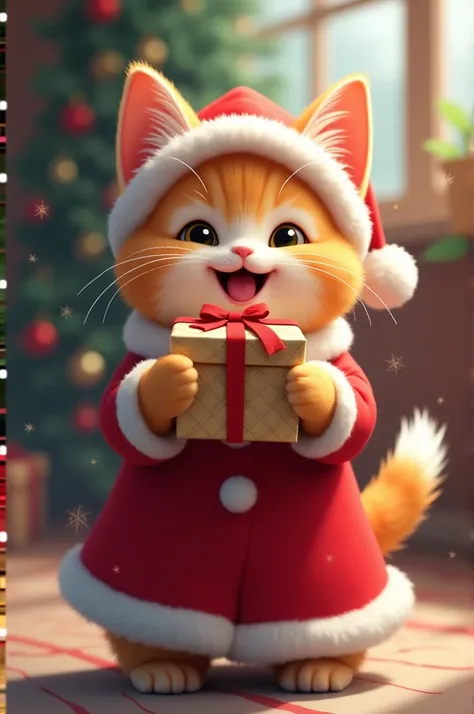 A smiling cat wearing a Santa dress, giving away a gift