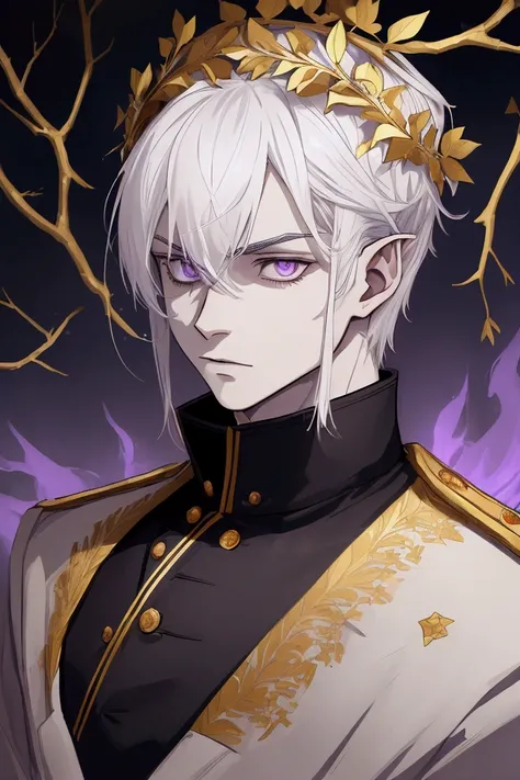 man, Young, Pale and pointy ears , short white hair, two pairs of eyes with the color purple.  wears a black Soviet suit and a golden Roman wreath of branches on his head.