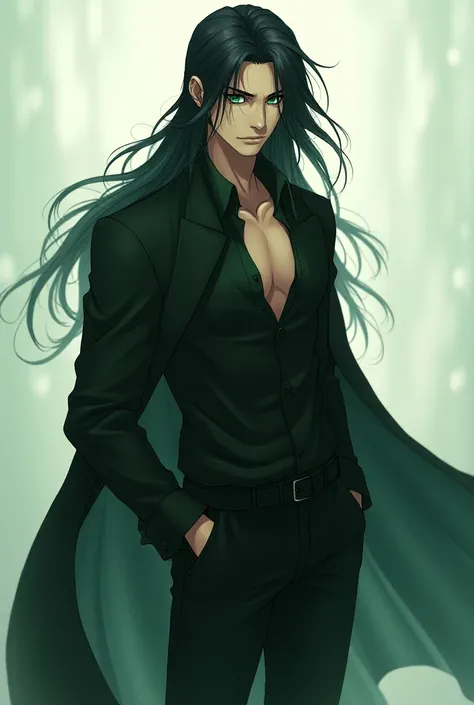 Tall man, with a slender and muscular body .  He has emerald-green eyes ,  long straight hair , Dark skin (black)  serious expression.  Make him look quite attractive and dazzling like a prince. Note: ANIME STYLE,  long black hair .