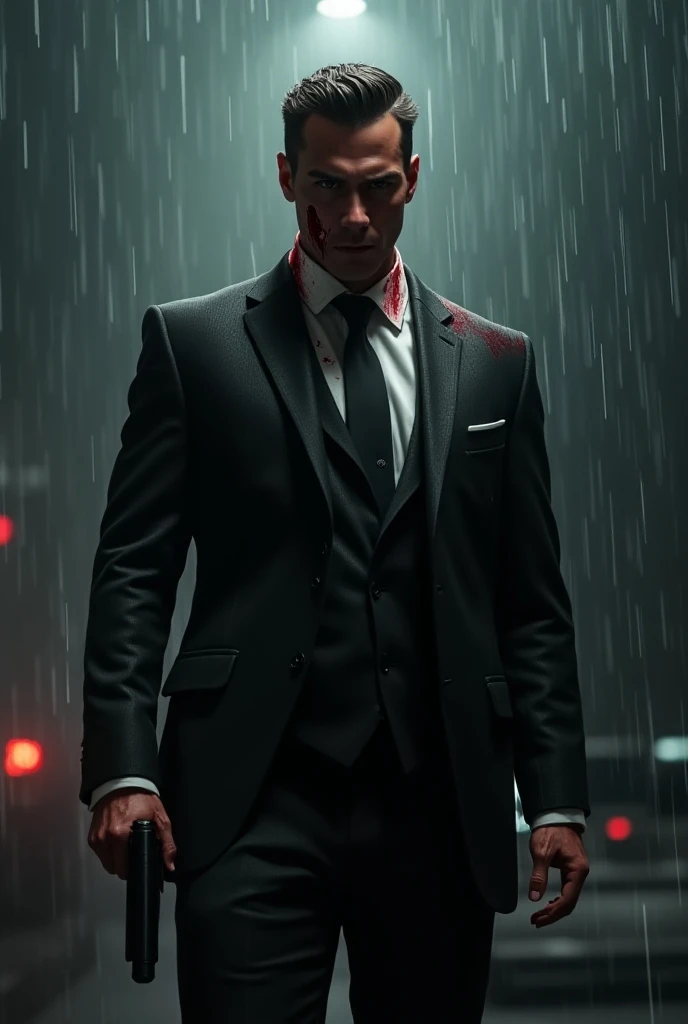 A gangster and with suit and have blood in her body and its raining and have pistol