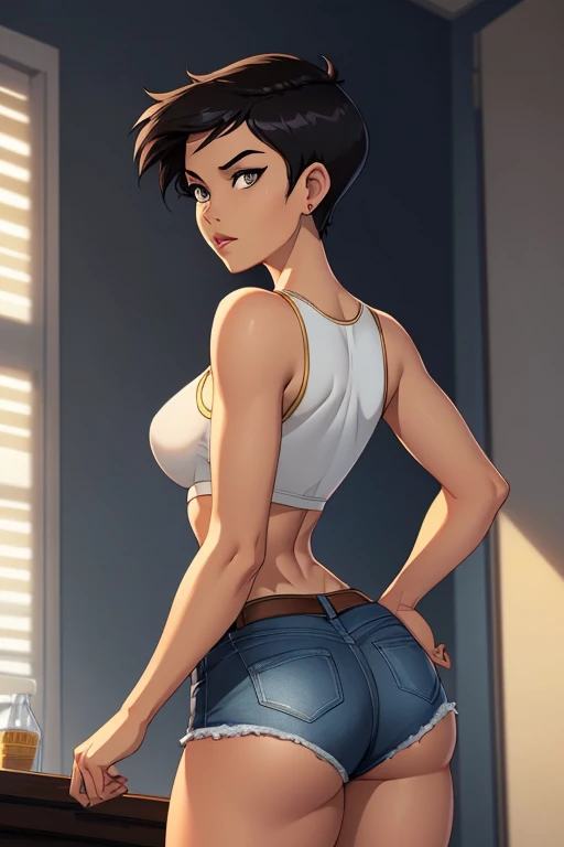 ((ultra quality)), ((masterpiece)), Lois Lane, short stature, ((black short hair tomboy hairstyle)), (Beautiful face), (beautiful female lips), (), charming, ((sexy facial expression)), looks at the camera, eyes slightly open, (light skin color), (light sk...