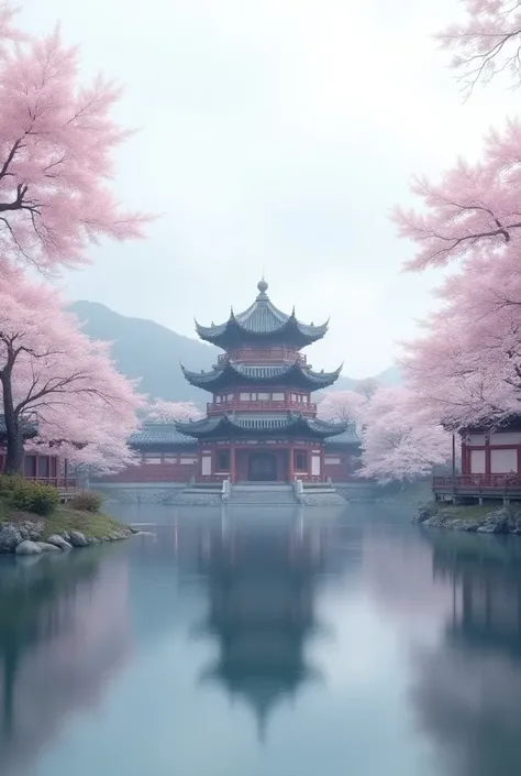 Beautiful landscape of a chinese temple with a lake in the foreground. the temple is surrounded by cherry blossom trees in full bloom, with pink and white flowers covering the trees. the sky is overcast and the water is calm, reflecting the colors of the s...