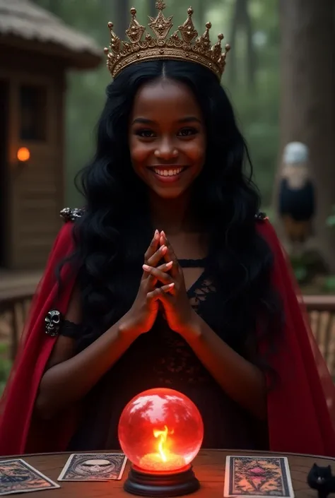  Beautiful African girl smiling wicked laugh with long wavy black hair with crown, sunset, illuminated face,  fire on table , crystal ball in hand , big rims ,  black lace and tulle dress with black details .  Skull shoulder straps and red cape , crown cov...