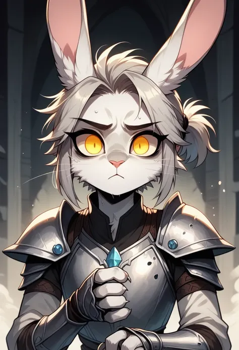 masterpiece, expressive eyes, perfect face, best quality, 1boy, male focus, solo focus, assassin, pale yellow eyes, white fur, Rabbit, cropped hair, short ponytail. clean hair, ,medium hair, silver hair, black collared shirt, ankle boots, beeches, Ruined C...