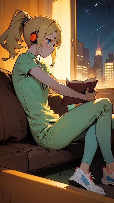  High Resolution ,  flat color 、Blonde Perm、 ponytail、blue eyes、 girl with one headphone、Listening to music 、 girl in trainers 、 A window with a view of the night sky 、 sitting on a sofa 。Read a book、 anatomically correct, 