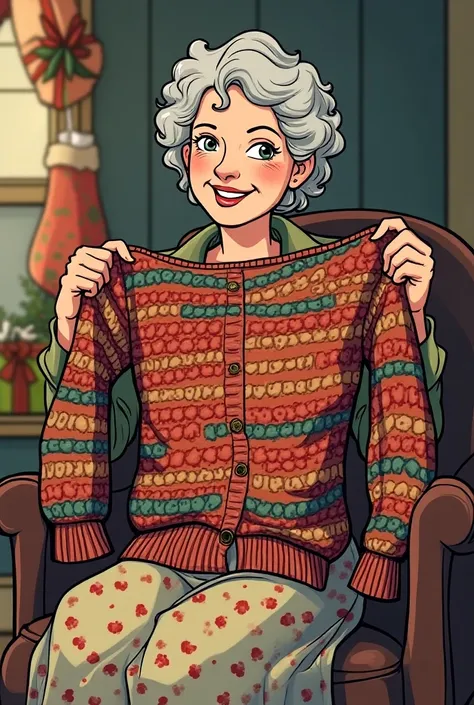 Comic style, cute lineart, Scott pilgrim comicbook style, Old woman, grandma, wearing cardigan, floral sundress, holding knitted sweater, she made it, knitting sweater, the s sweater she knitted is ugly, sweater has dots, sweater has stripes, sweater has w...