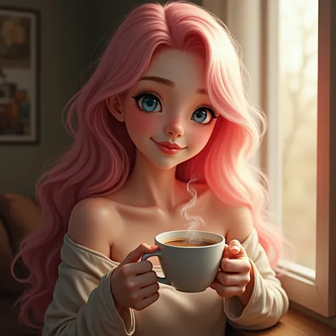 russian woman, 20 years old, (long pink hair and a perfect body), blue eyes, smiling, (boobs:1.2), freckles, BREAK, A beautiful young woman with long hair, smiling softly, holding a cup of steaming coffee, sitting by a window. Warm sunlight illuminates her...