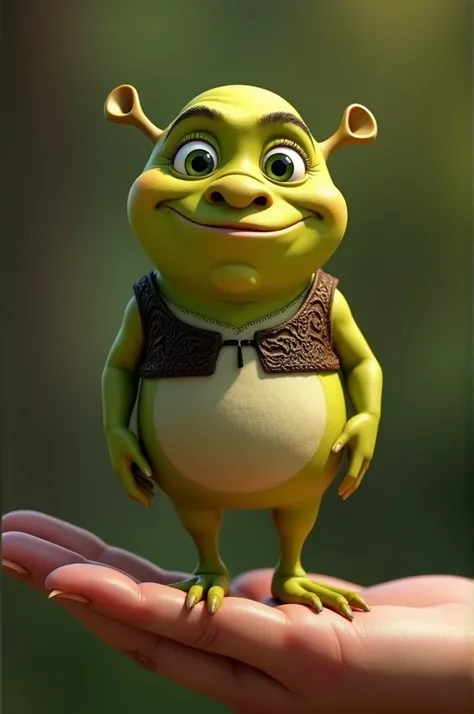  Photo from a 3D Disney movie .
 photorealistic , 8k, Shrek standing , green eyes,  perched on a human hand .  Unrealistic 8k-octane rendering engine.