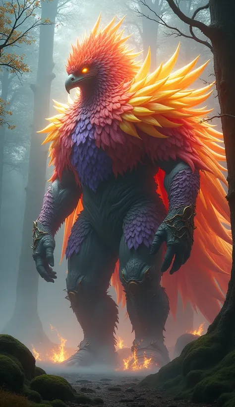 "Create a realistic image of an angry, hybrid super giant monster that combines the essence of a phoenix and a tulip flower, standing imposingly in a misty ancient forest. The creatures massive body is adorned with vibrant tulip petals in shades of red, ye...