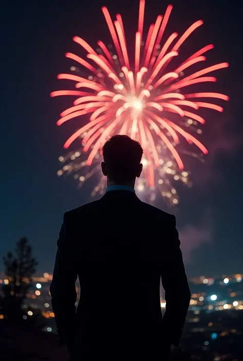 Silhouette of man watching fireworks in the cinematic night sky 