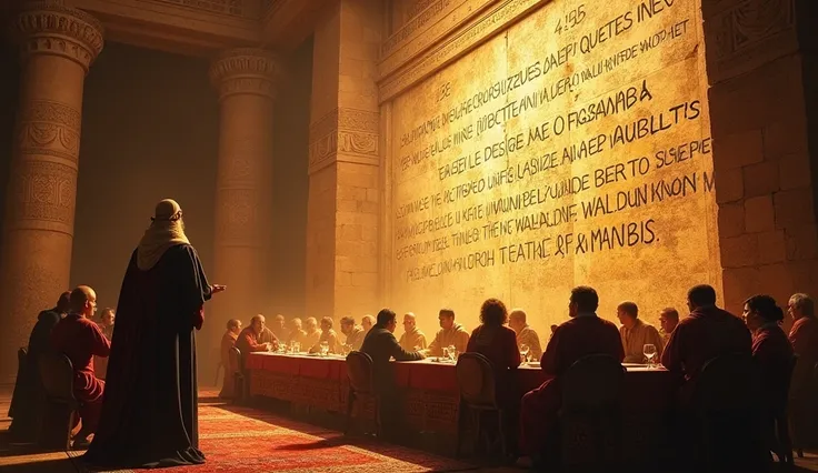  A dramatic image of the supernatural hand writing on the wall, with King Belshazzar and his guests looking on with dread .
