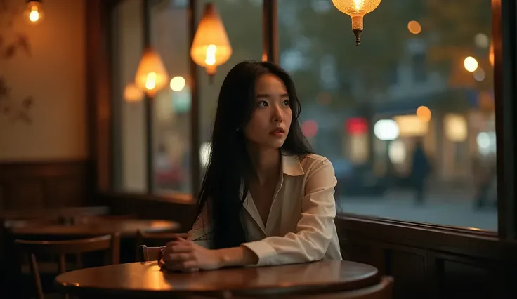  A girl named Thu wears a white shirt..; long black hair, autumn night cafe in front of a glass window ,A girl named ,table, looking out ,lonely expression,dim lighting, realistic photo in front of a glass window 