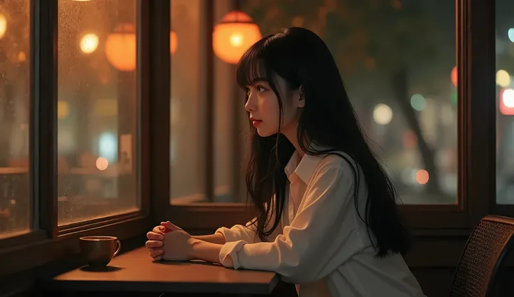  Thu wears a white shirt in front of a window..; long black hair, autumn night cafe in front of a glass window ,A girl named ,table, looking out ,lonely expression,dim lighting, realistic photo in front of a glass window 