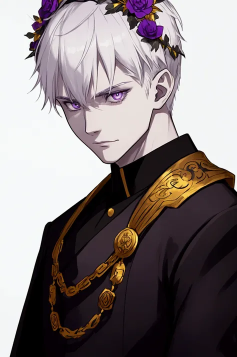 man, Young, Pale and pointy ears , short white hair, two pairs of eyes with the color purple.  wears a black Soviet suit and a golden Roman wreath of branches on his head.